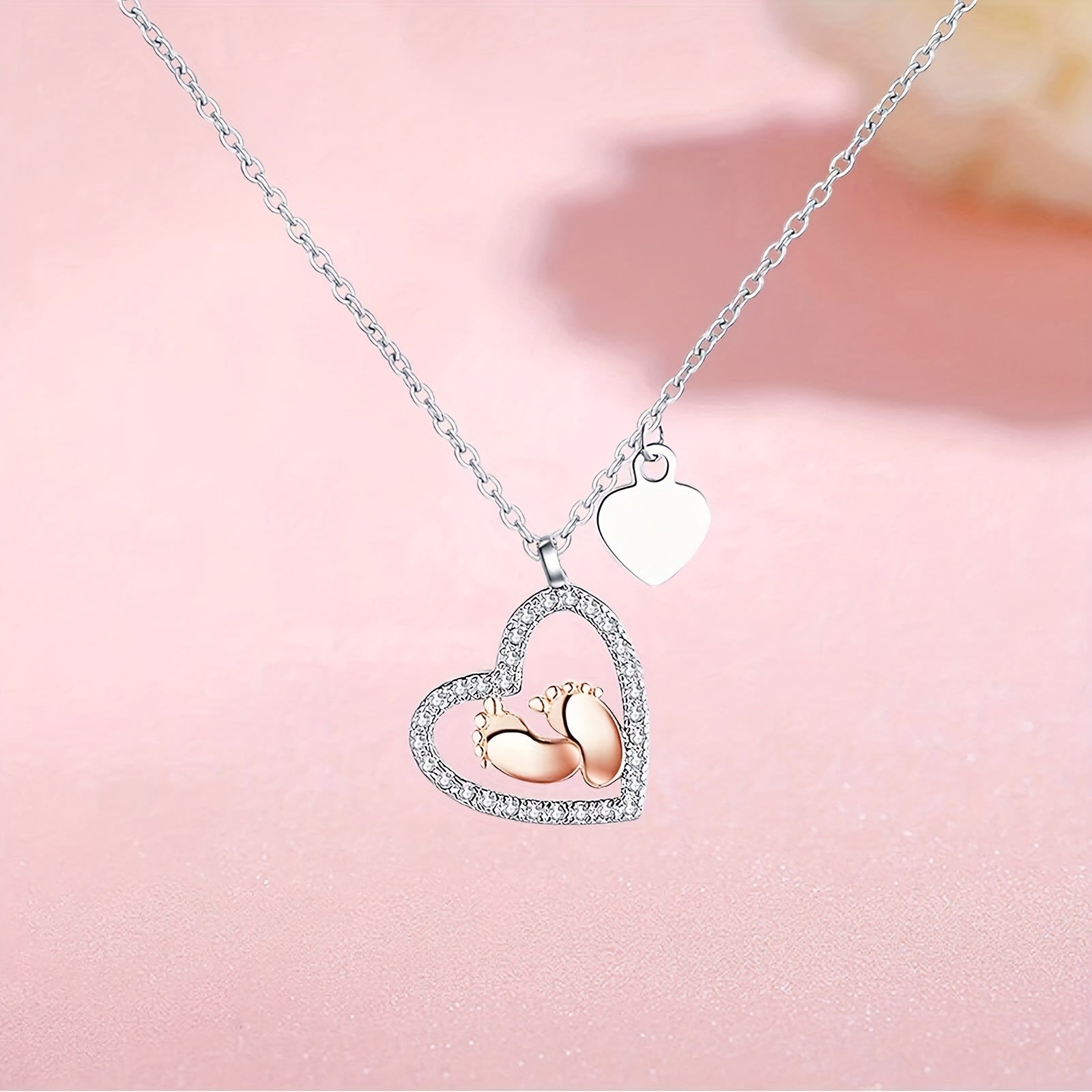 Baby Foot Heart Pendant Necklace With Card - Party Holiday Birthday Gift