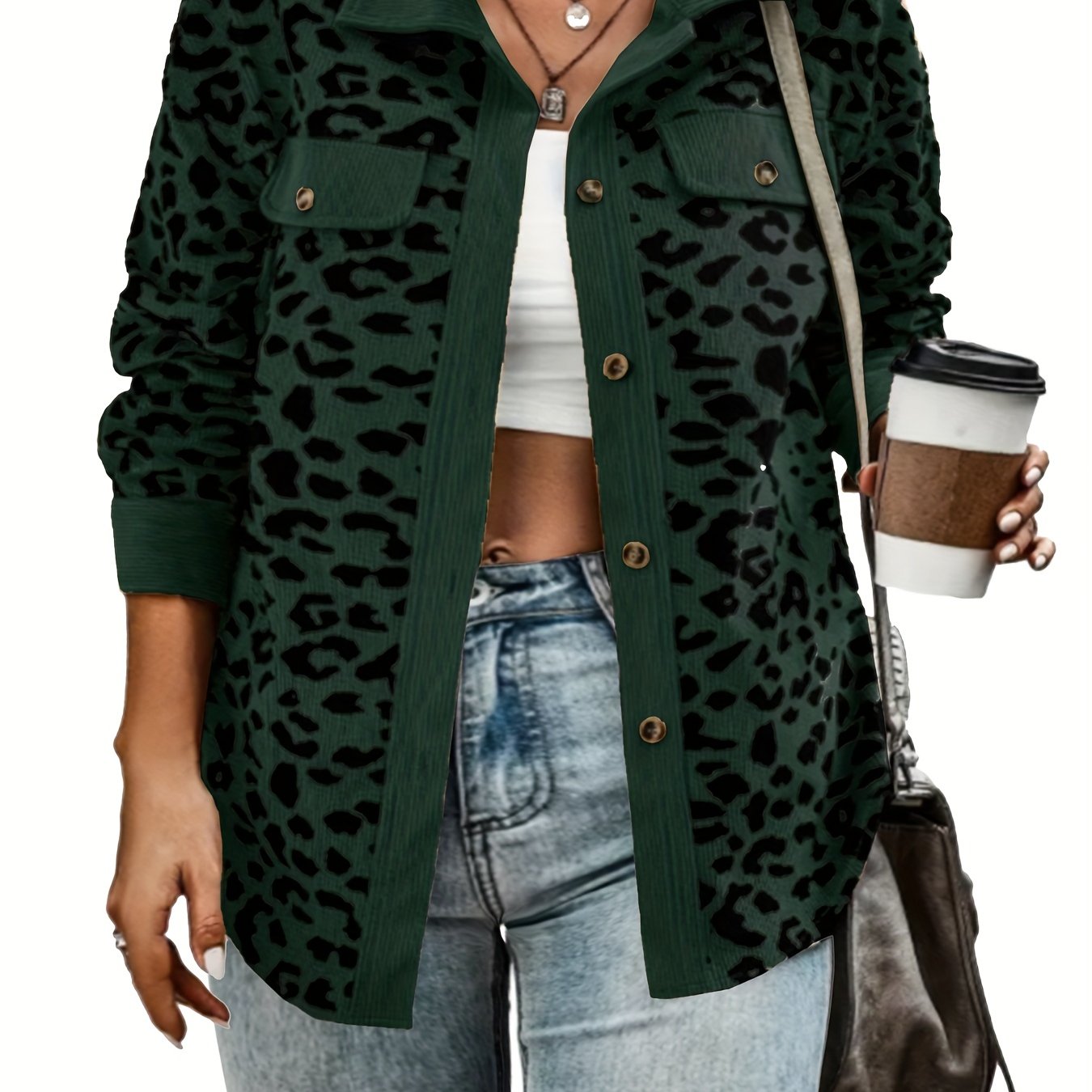  Leopard Print Corduroy Button Up Long Sleeve Shacket