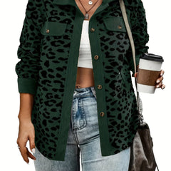  Leopard Print Corduroy Button Up Long Sleeve Shacket
