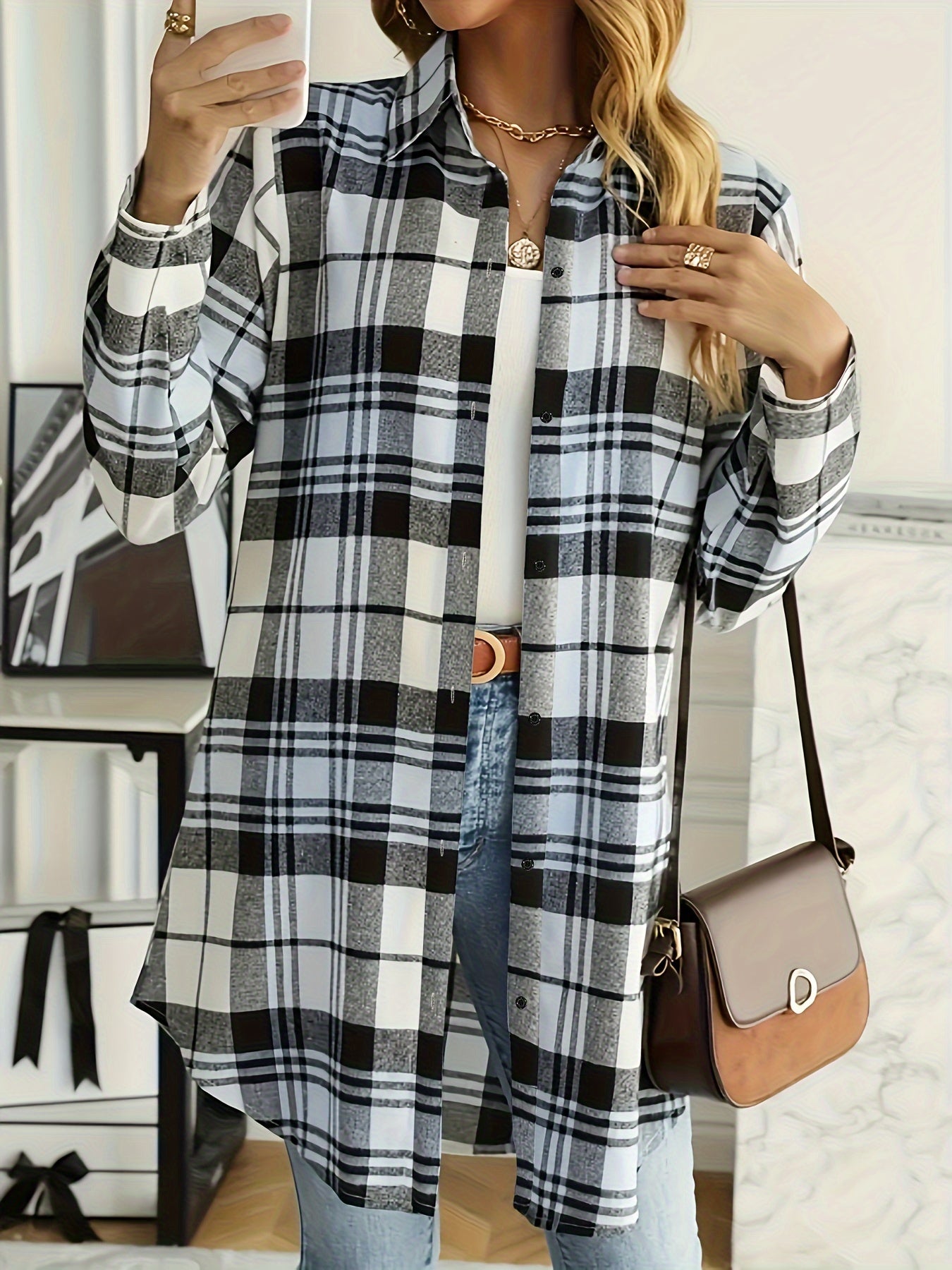  Plaid Print Button Up Long Sleeve Blouse