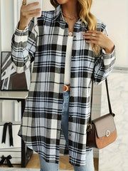  Plaid Print Button Up Long Sleeve Blouse