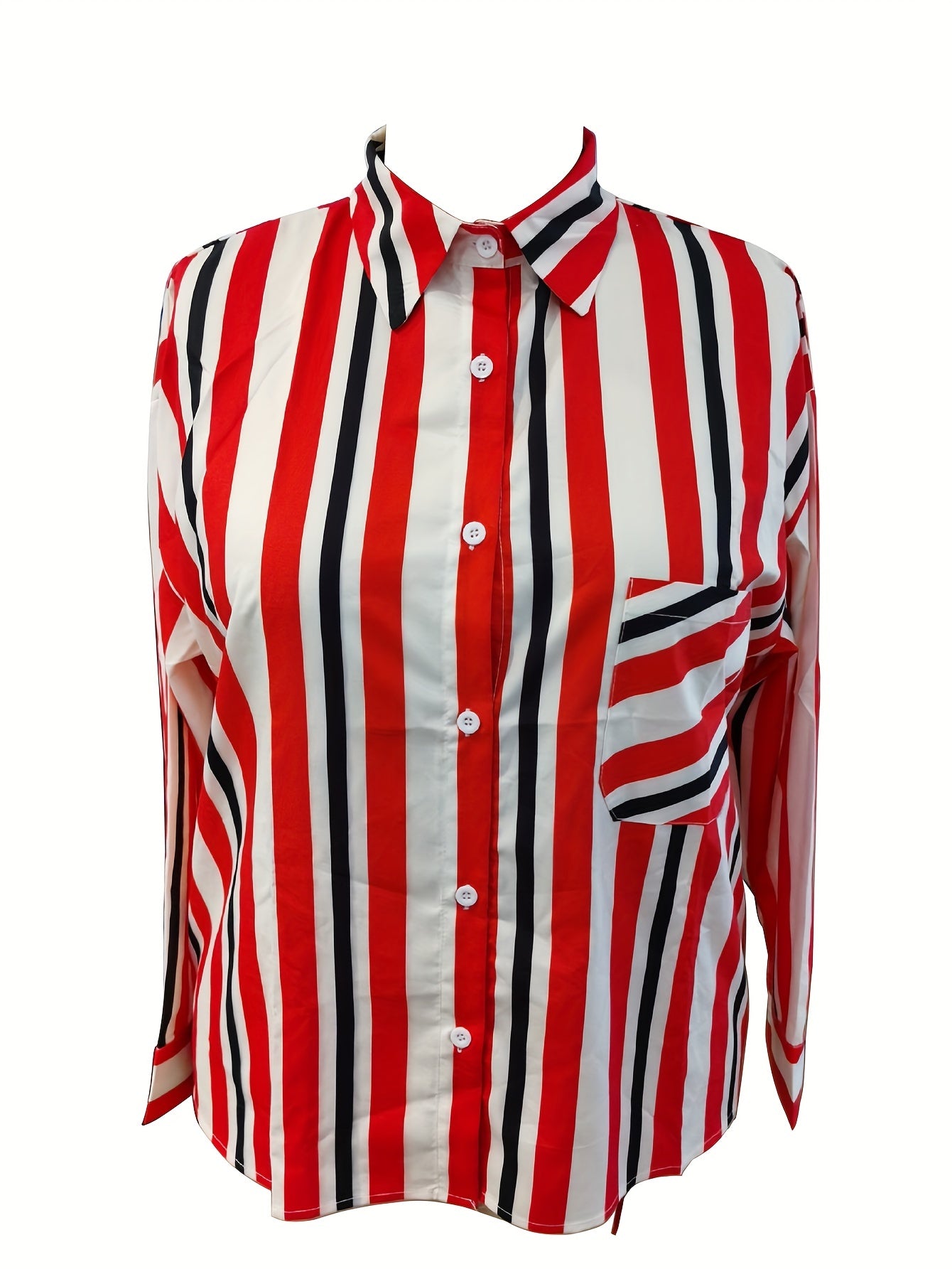  Stripe Print Button Up Long Sleeve Blouse