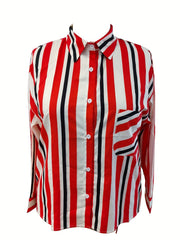  Stripe Print Button Up Long Sleeve Blouse
