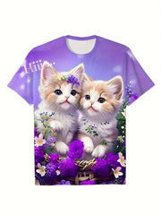 Girls Kitten Pattern Crew Neck Short Sleeve T-shirt