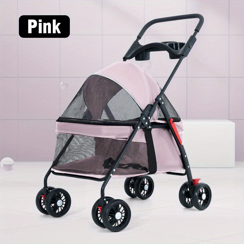 Folding Dog Stroller with Cup Holder & Mesh Window