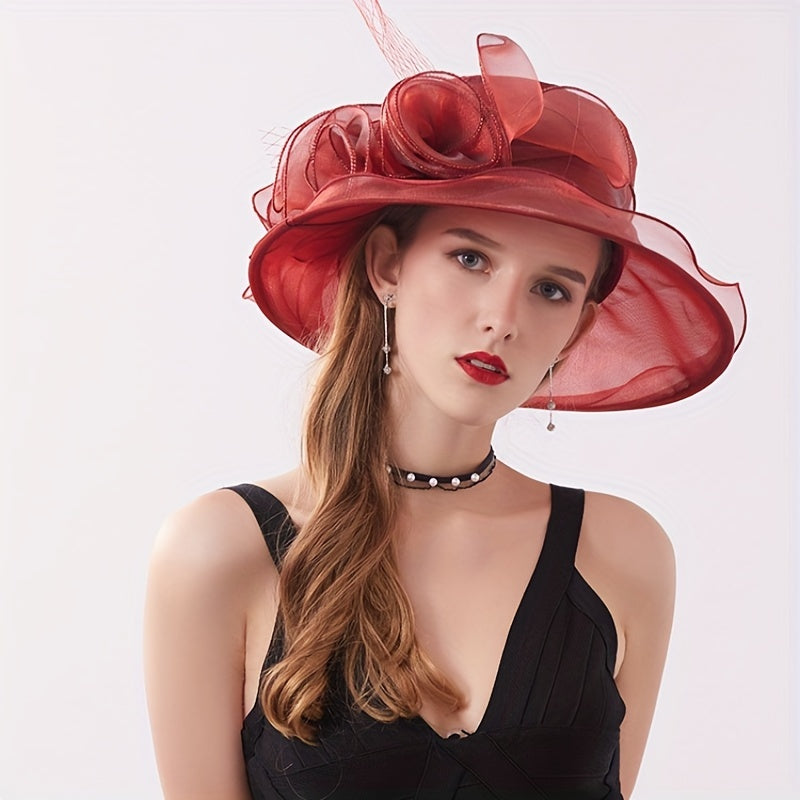 Wide Brim Organza Sun Hat Mesh Flower Breathable Derby Hat