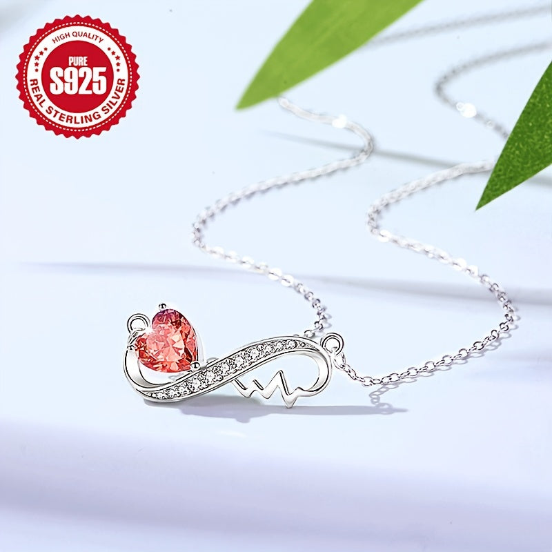 Infinity Love Heart Pendant Necklace with Red Zirconia 925 Sterling Silver