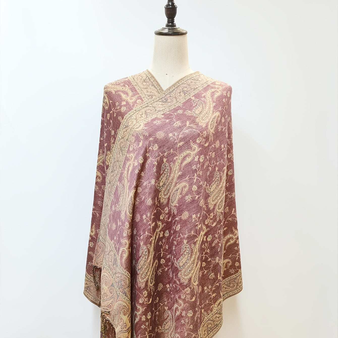 Large Tassel Scarf Rose Pink Paisley Jacquard Vintage Shawl Windproof Wrap