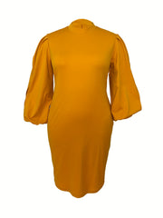 Dress Women's Plus Solid Lantern Sleeve Bodycon Midi Dress