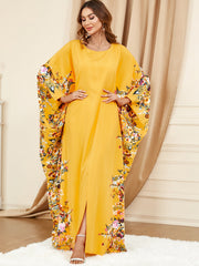  Floral Print Party Abaya Dress with Split Kaftan Design