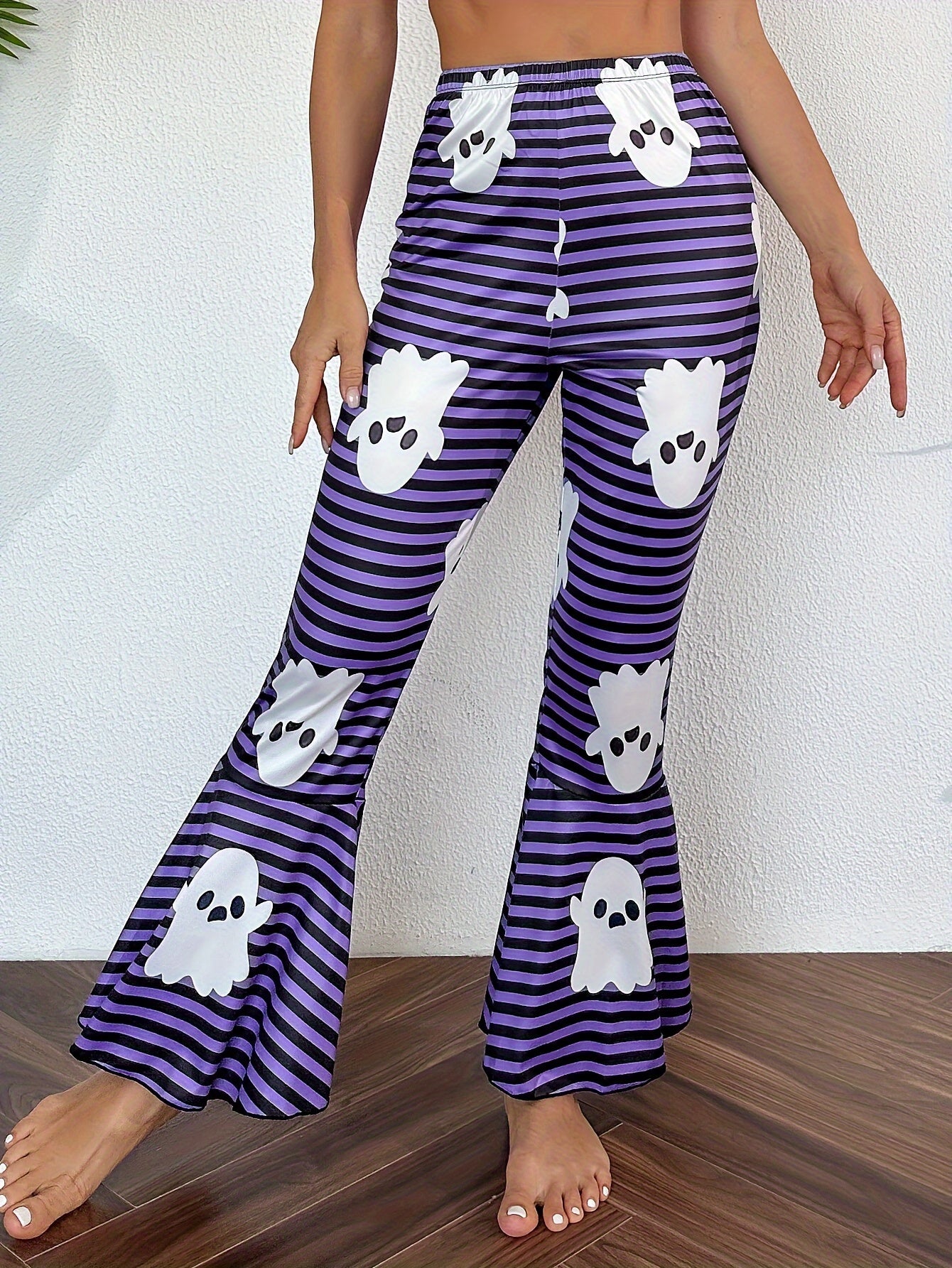 Ghost Stripe Print Lounge Pants Halloween Elastic Waistband Flare Pants
