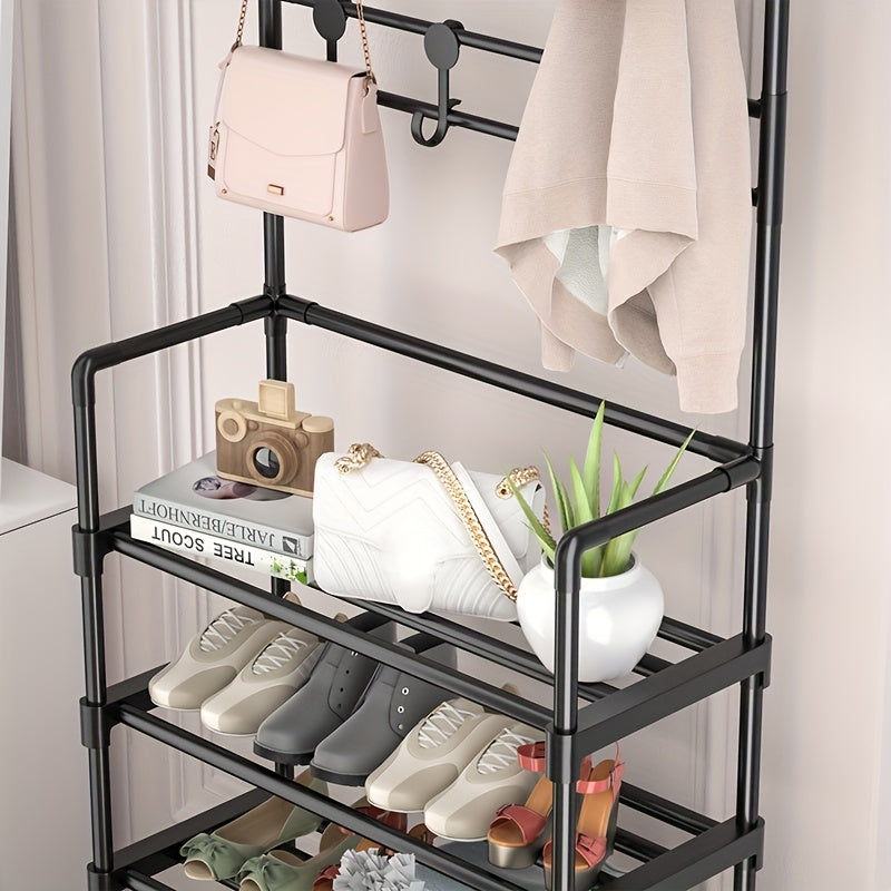 Entryway Coat and Shoe Rack with Hooks and Shelf