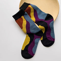 3 Pairs Retro Colorblock Socks Novelty Pattern Crew Socks Women's Stockings