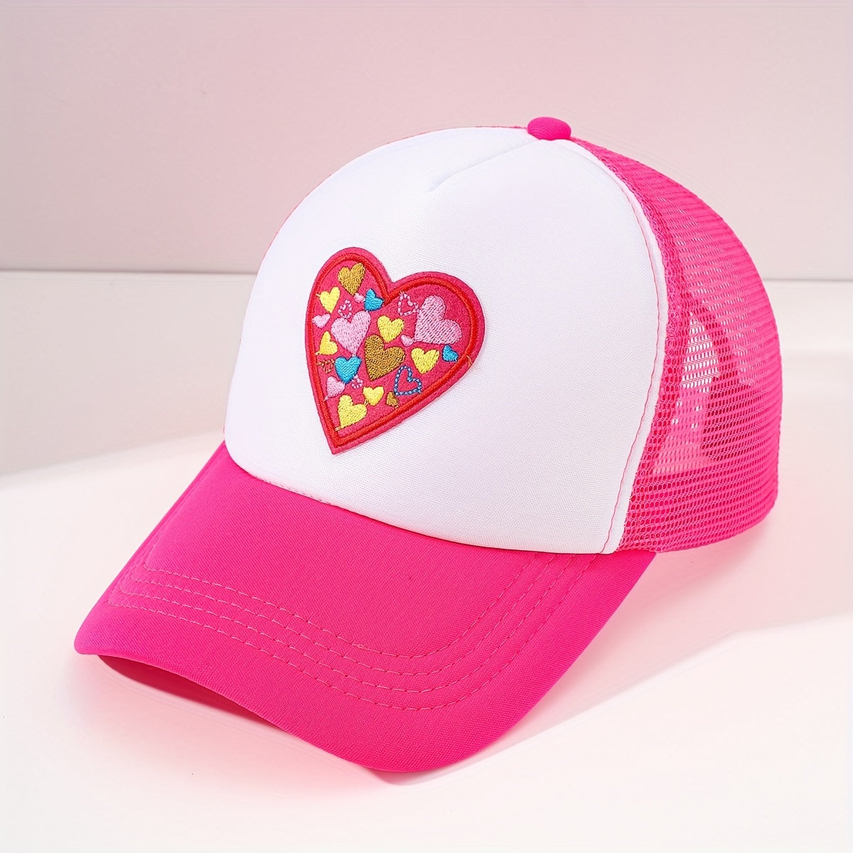 Heart Embroidery Cartoon Trucker Hat Rose Red Block Baseball Cap Mesh Breathable