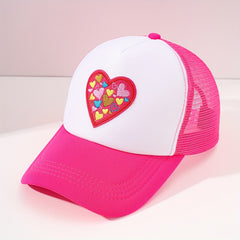 Heart Embroidery Cartoon Trucker Hat Rose Red Block Baseball Cap Mesh Breathable