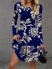  Women's Floral Print Round Neck Knee Length Dress