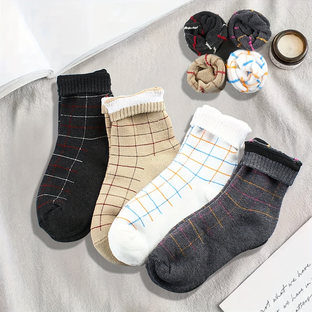 4 Pairs Plaid Crew Socks Soft Mid Tube Women's Stockings