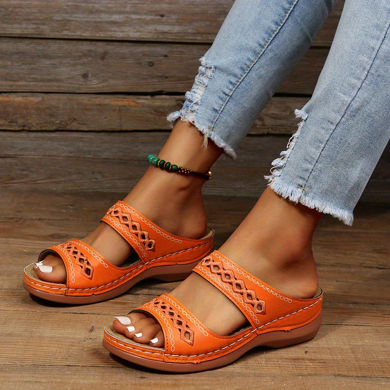 Women's Wedge Sandals Open Toe Faux Leather Casual Slides