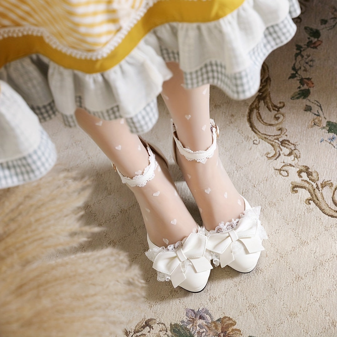 Women's Platform High Heels Lace & Bow Ankle Strap Block Heels