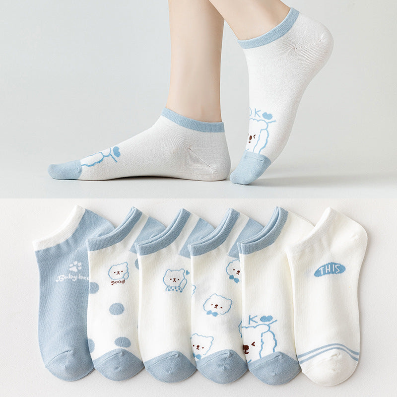 5 Pairs Cartoon Bear & Plaid Striped Ankle Socks Women's Stockings