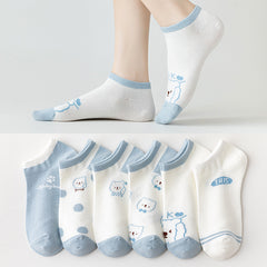 5 Pairs Cartoon Bear & Plaid Striped Ankle Socks Women's Stockings
