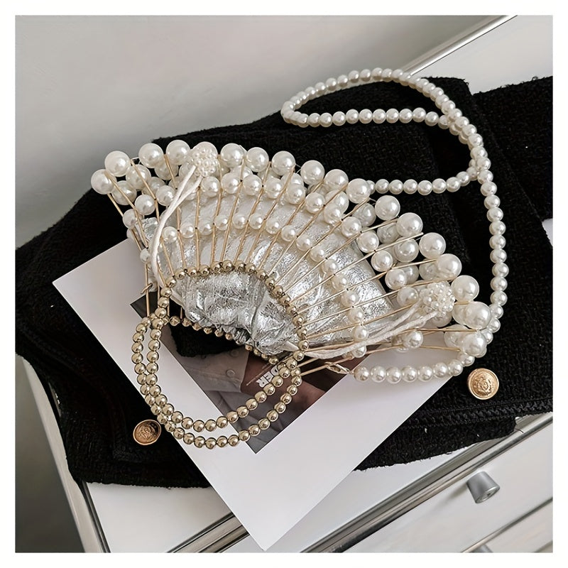 Fan Shaped Niche Hollow Bag Woven Faux Pearl Metal Dinner Bag