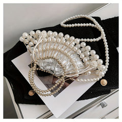 Fan Shaped Niche Hollow Bag Woven Faux Pearl Metal Dinner Bag