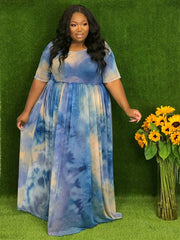  Tie Dye Maxi Dress Round Neck High Stretch
