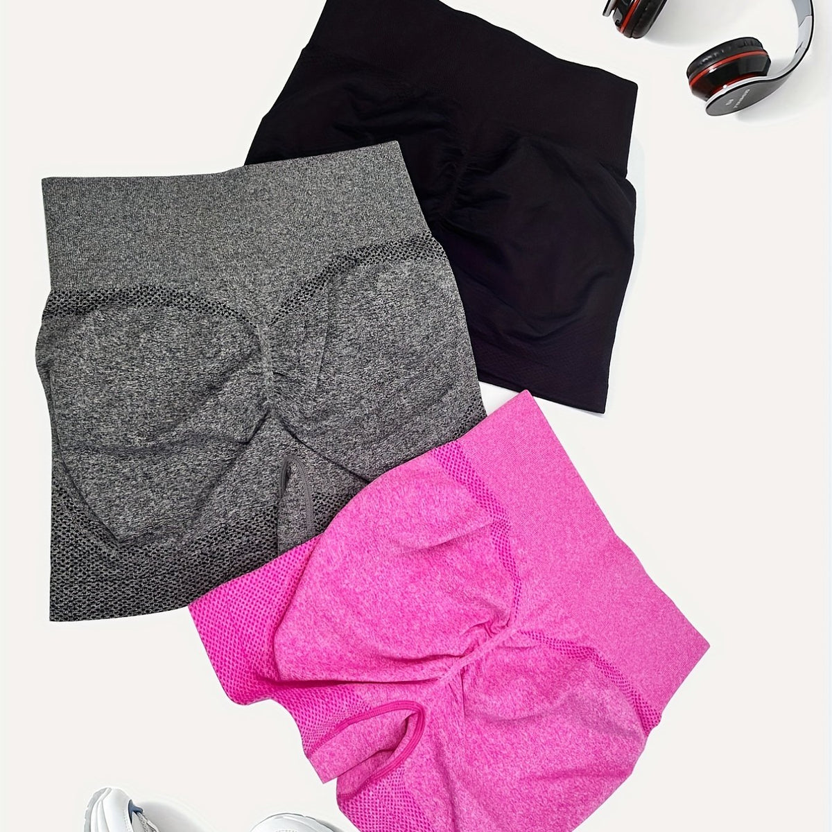 3pcs Seamless Yoga Sports Set High Waist Shorts Tummy Control