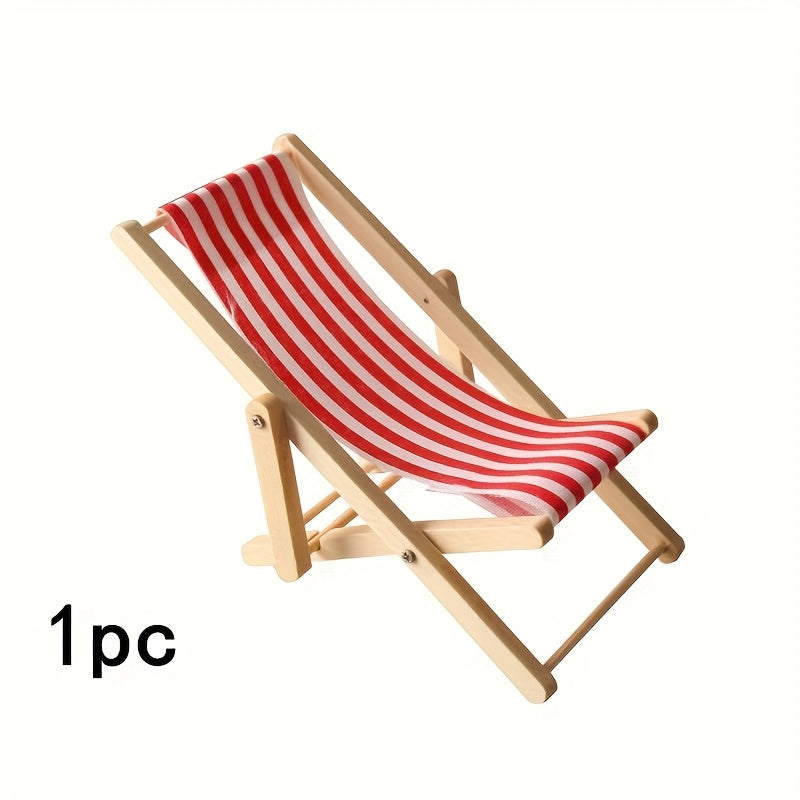 1:12 Scale Wooden Beach Chair w/ Striped Cushions, Foldable Longue Deck Chair