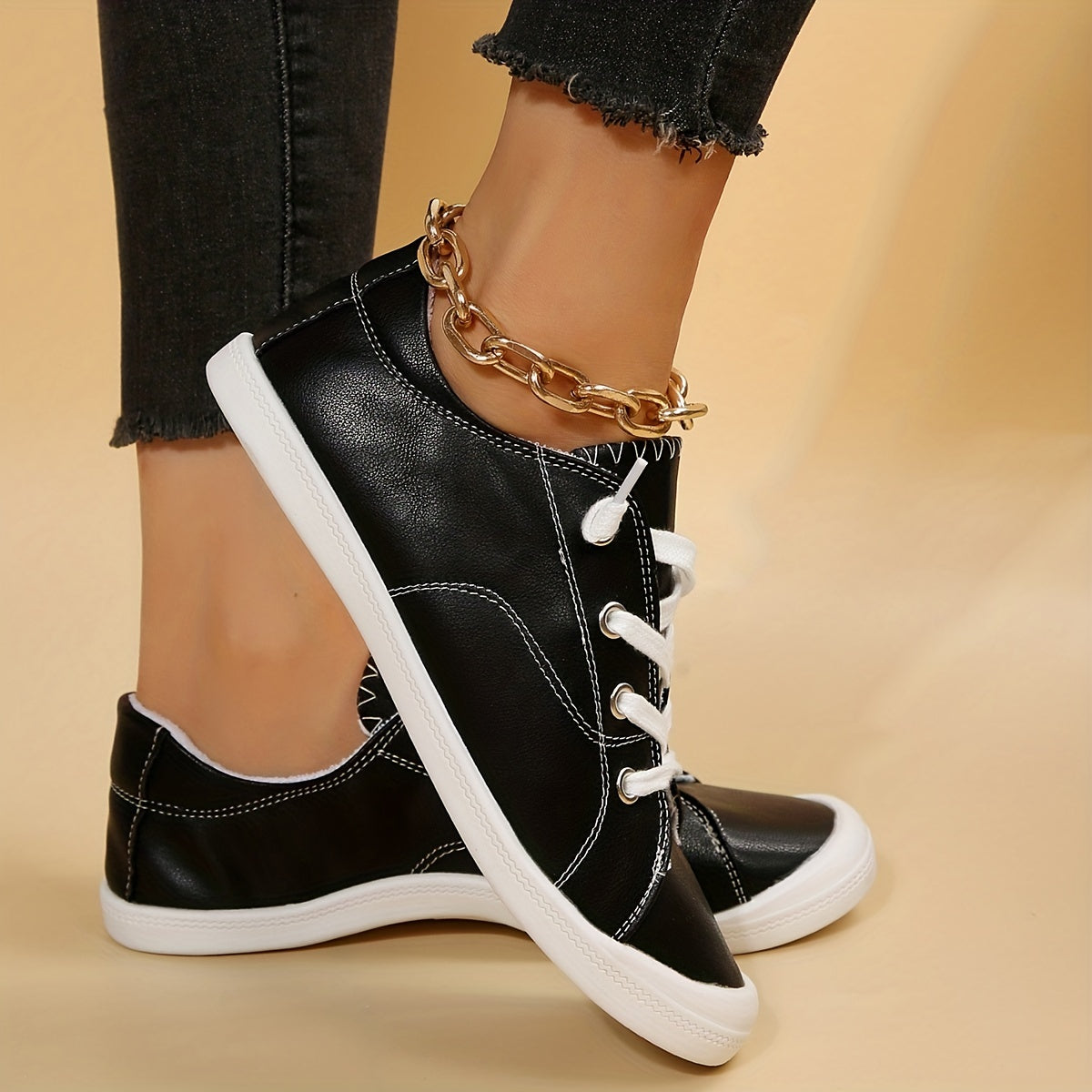 Women's Faux Leather Sneakers Causal Lace Up Outdoor Shoes