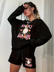 Halloween Graphic Print Sweatshirt & Shorts 2pcs Set