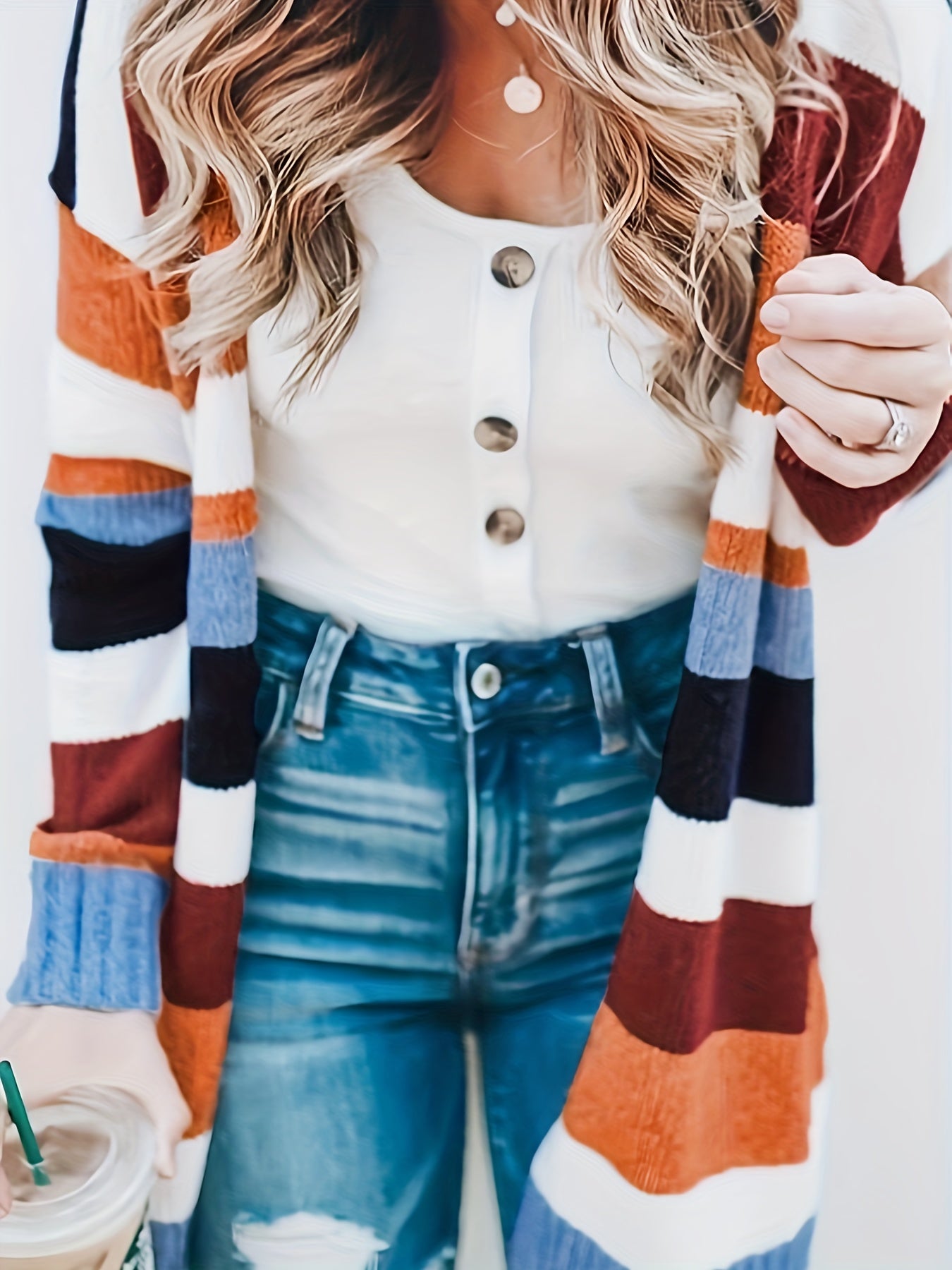  Striped Knitted Long Sleeve Cardigan