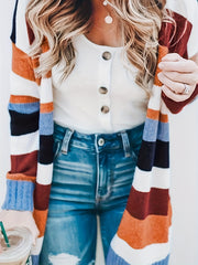  Striped Knitted Long Sleeve Cardigan