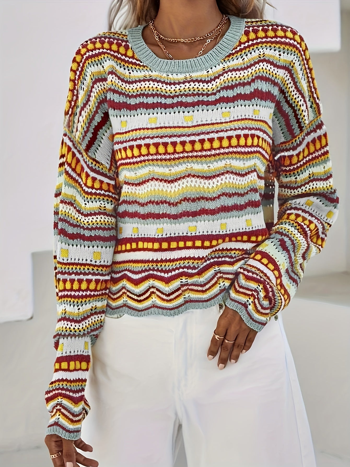  Colorblock Geometric Print Sweater