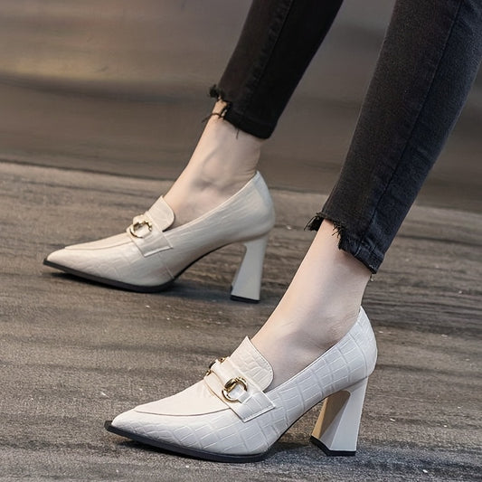 Women's Croc Print Court Pumps Buckle Decor Slip On Chunky Heels