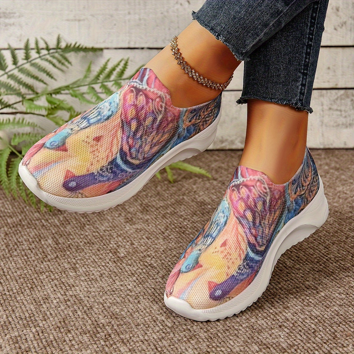 Women's Peacock Graphic Flying Running Shoes Comfort Slip on Flat Shoes