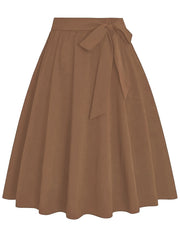  Casual Skirt Solid Elastic Bow Knot A-line Belted Skirt