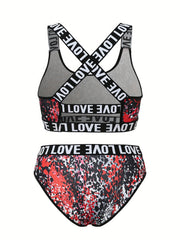 Leopard Bra & Panties Set Criss Cross Back Sports Bra & Letter Print Panties