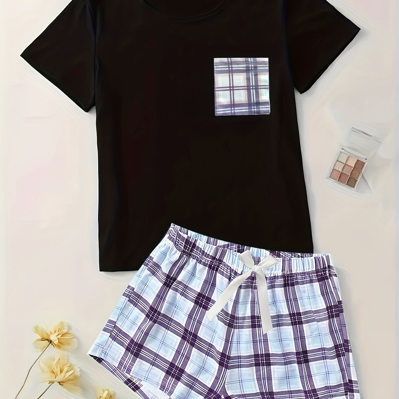 Plaid Pajama Set Short Sleeve Top & Bow Shorts