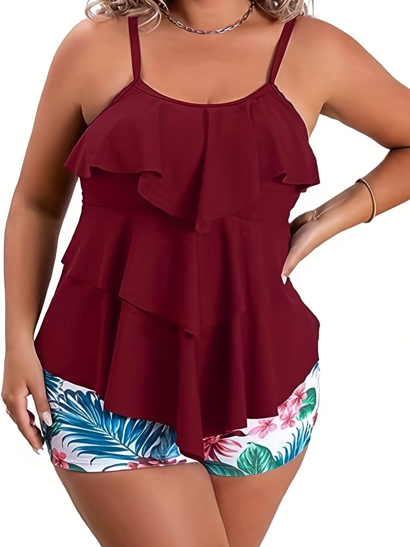  Sexy Tankini Set Ruffle Trim Cami Top & Tropical Print Shorts Swimsuit