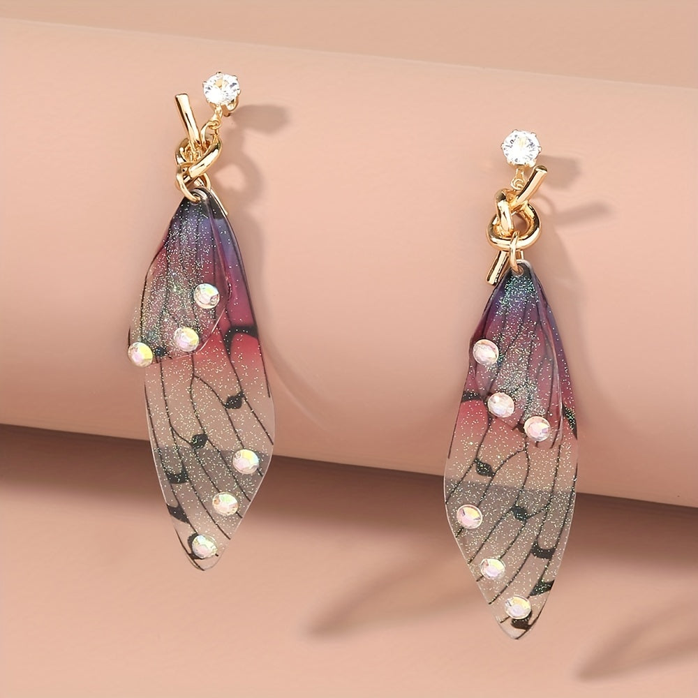 Resin Butterfly Wings Dangle Earrings with Rhinestone Decor
