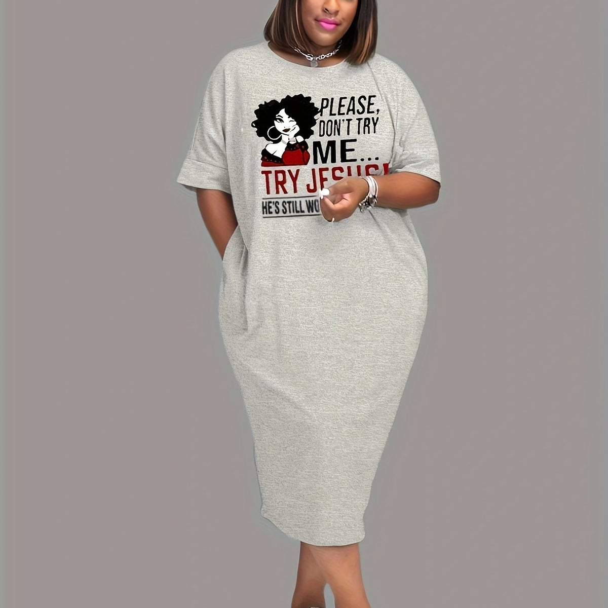 Figure & Letter Print Short Sleeve Tee Dress Women's Plus