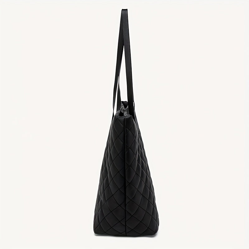 Argyle Quilted Tote Bag Large Capacity Stylish PU Leather Handbag