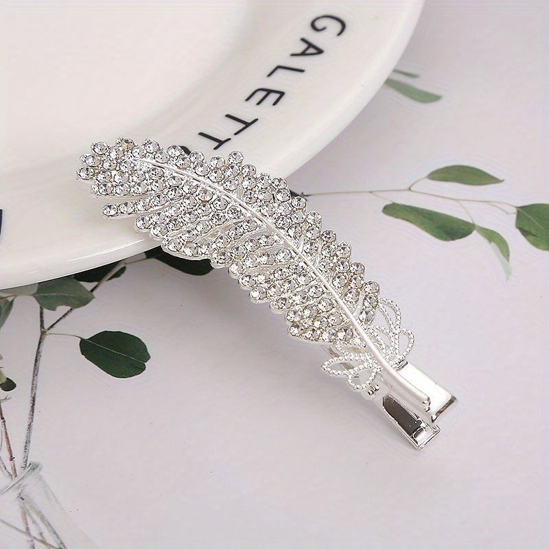 Crystal Feather Hair Clip Barrette Sparkling Rhinestone Hairpin