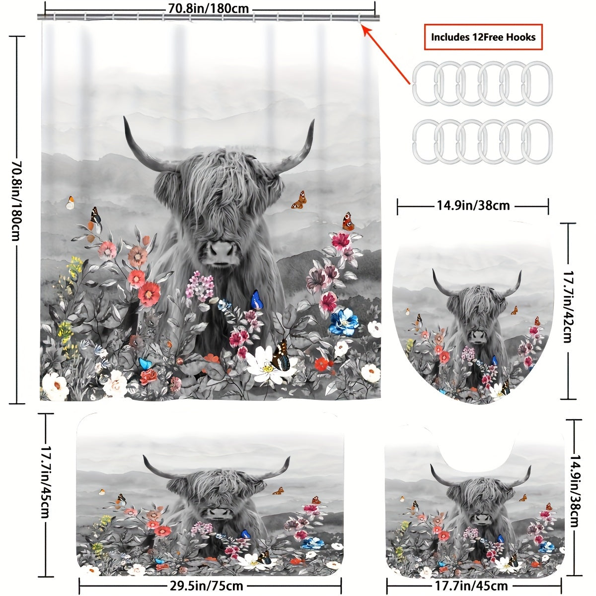 Cow Flower Shower Curtain & Rugs Set