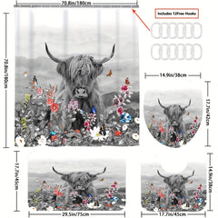 Cow Flower Shower Curtain & Rugs Set