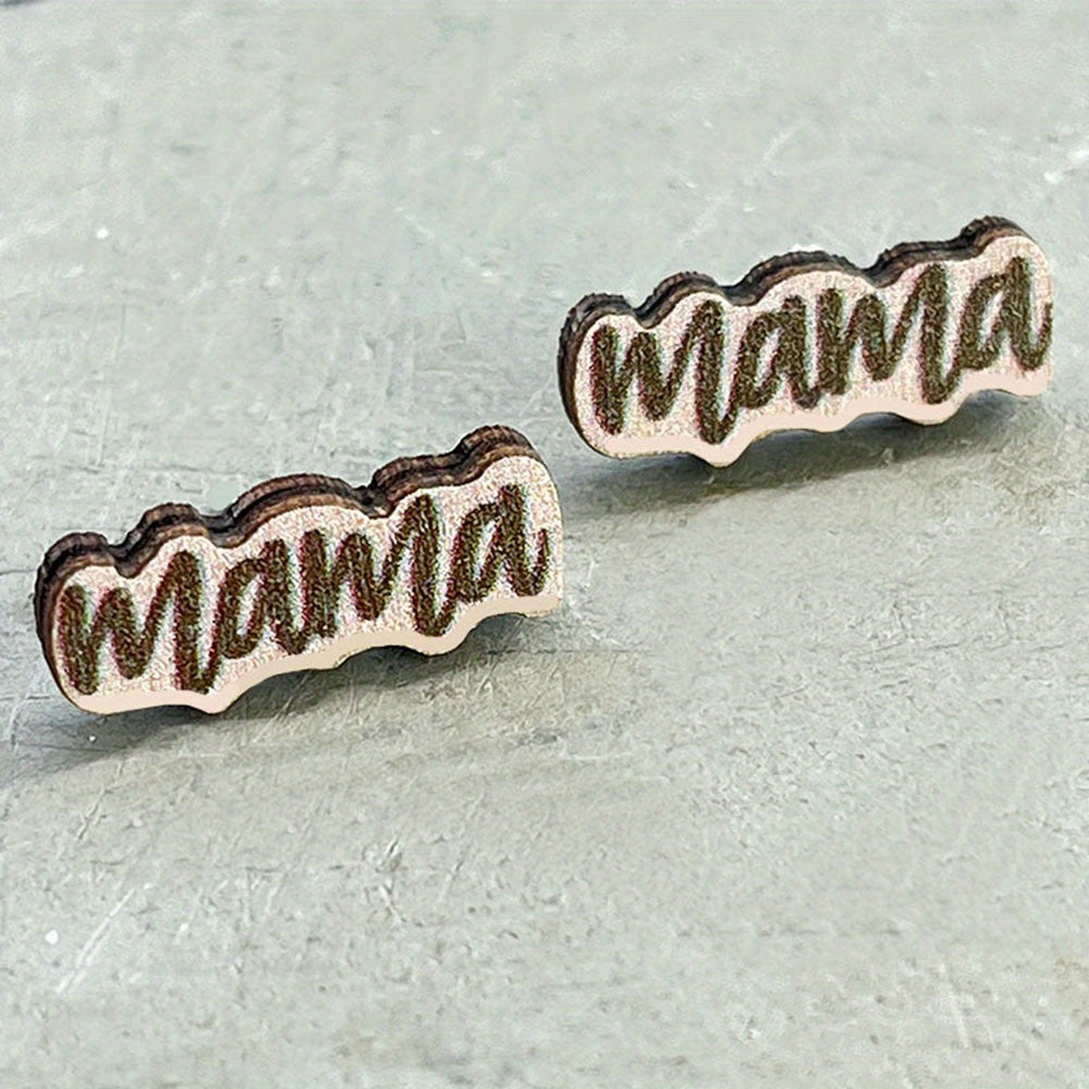 Vintage Wooden MAMA Stud Earrings Bear Elephant Cat's Paw Jewelry