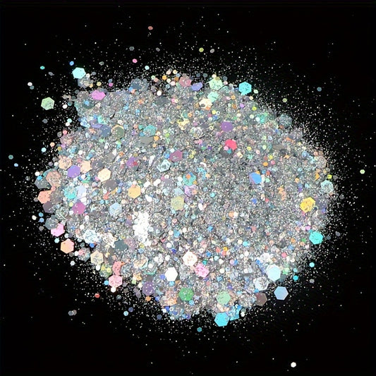 50G Holographic Nail Glitter Sequins Sparkly Laser Flakes Silver Powder Mix