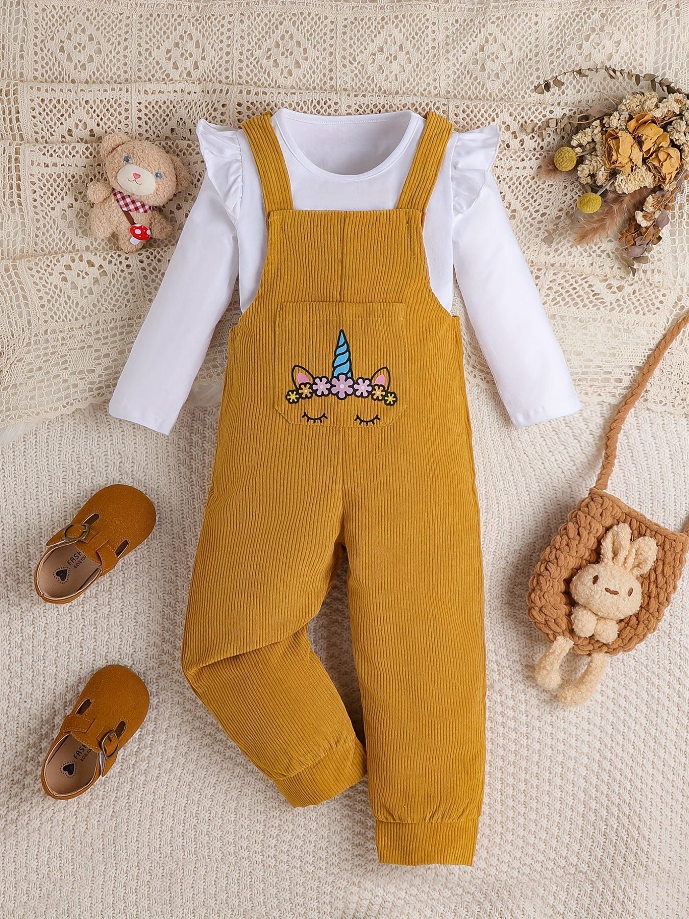 Toddler Girl's Unicorn Pattern 2pcs Top & Overalls Set for Spring Fall